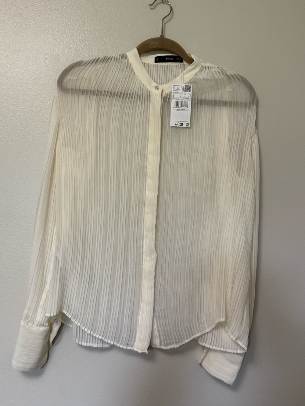 NEW Mango Ivory Pleated Sheer Button-Up Blouse